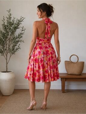 Pink Orange Floral Halter Sundress